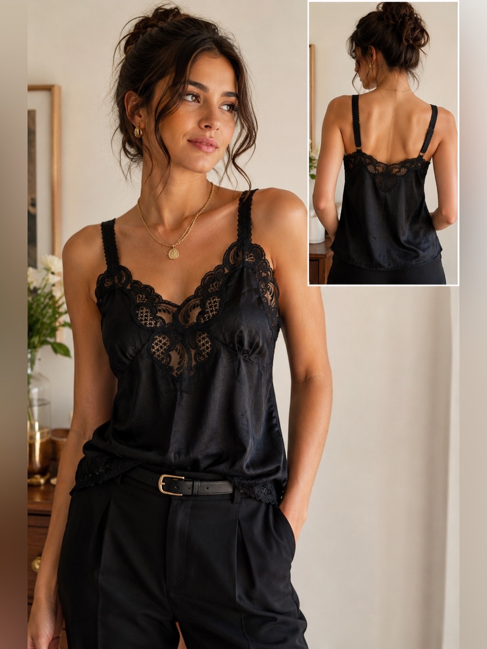 Vintage Carol Reed Black Satin Lace Camisole Top Size 40